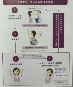 アメナリーフのPITの流れが記載されています。処方後から飲むタイミングなどの案内が掲載されています。